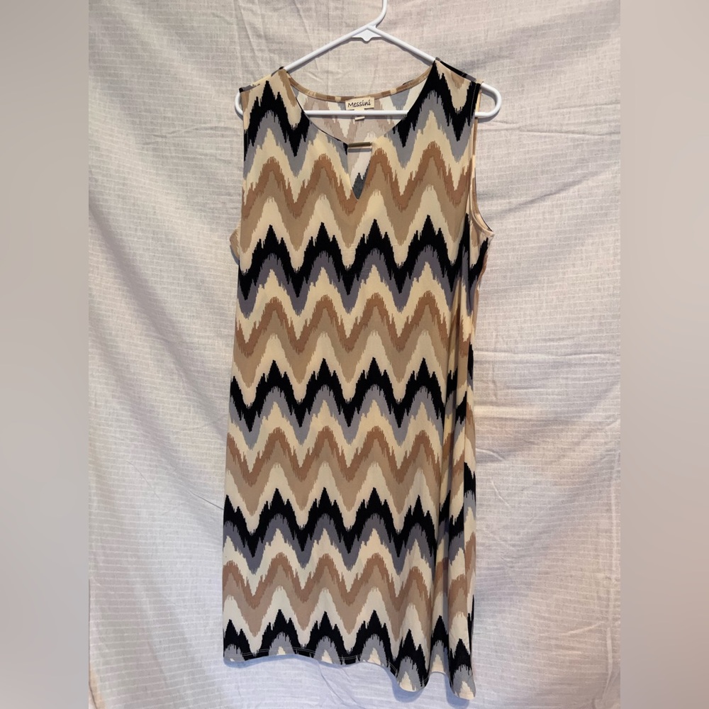 Brown/Black/Cream business causal sleeveless dress. Messini brand tan and black.